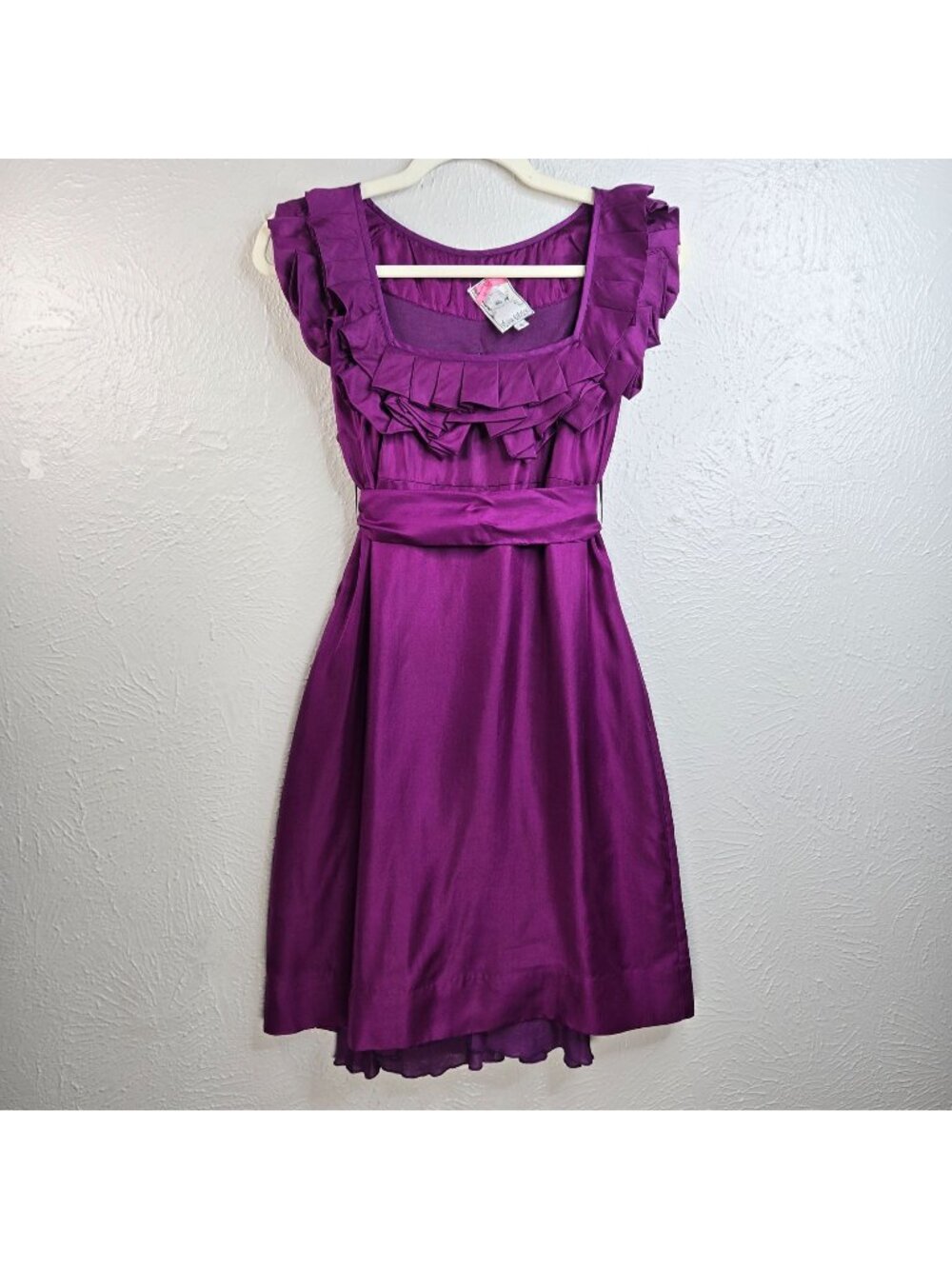 Yoana Baraschi Mini Dress 100% Silk Purple Sleeveless Waist Tie Formal Party 6